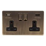Eurolite AB2USBCB 2-Gang 13Amp Switched Socket with USB-C Ant Brass (LEAD TIME: 2-3 DAYS)